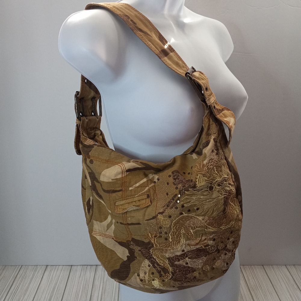 Vintage Y2K Camouflage Canvas Hobo Bag with Embroidered Dragon & Stud Detail